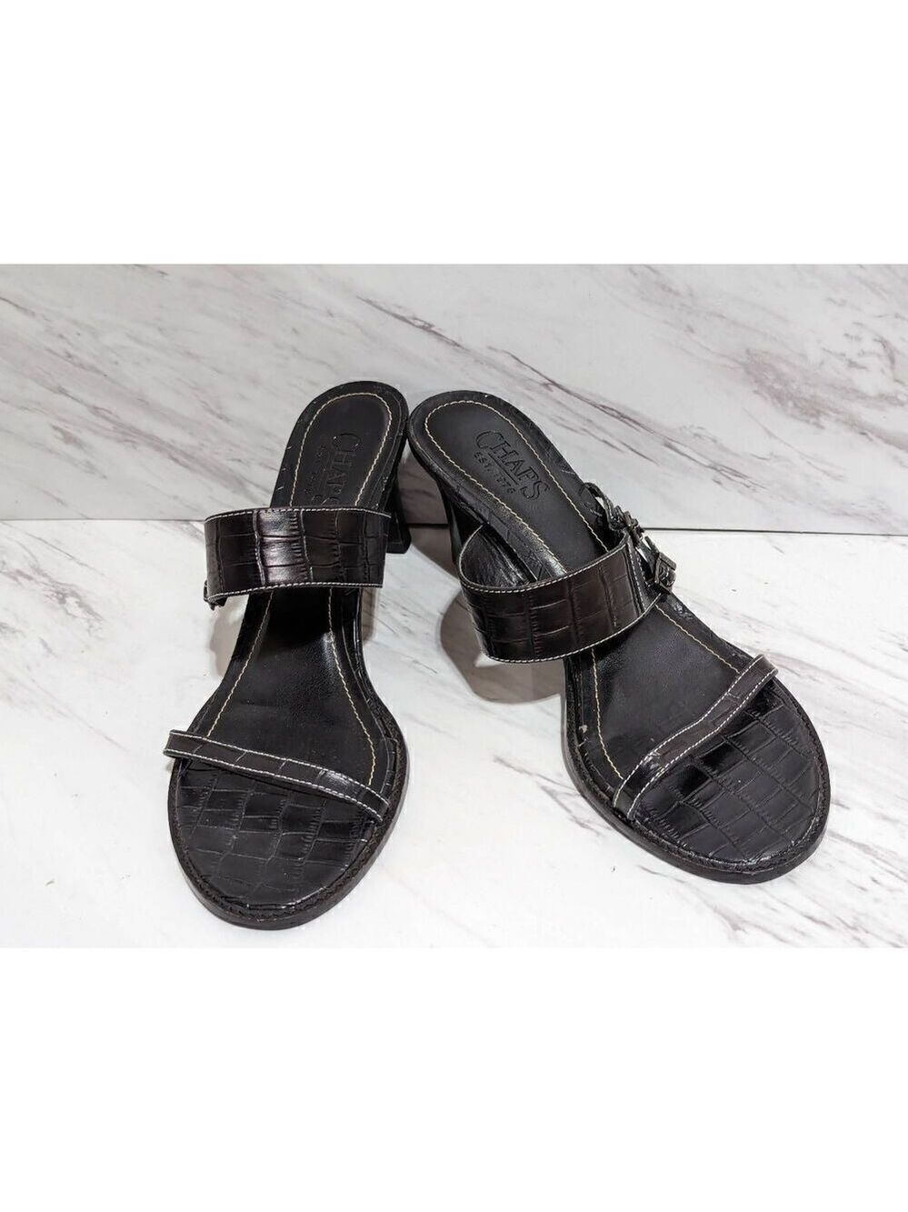 Chaps Women's Black Leather 3" Heel Croc Embossed Slide Kourtney Sandal Size 8